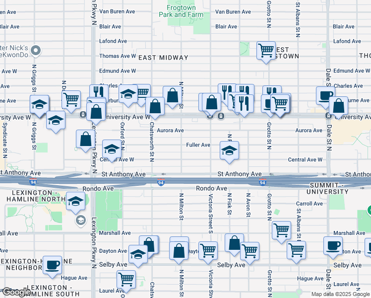 map of restaurants, bars, coffee shops, grocery stores, and more near 898 Fuller Avenue in Saint Paul