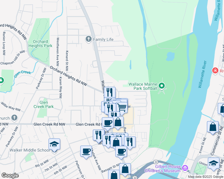 map of restaurants, bars, coffee shops, grocery stores, and more near 1310 Wallace Road Northwest in Salem