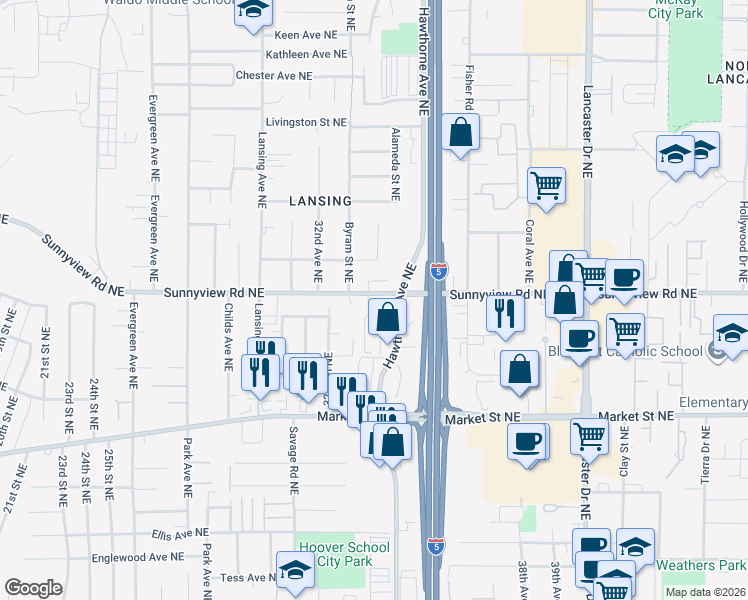map of restaurants, bars, coffee shops, grocery stores, and more near 3394 Sunnyview Road Northeast in Salem