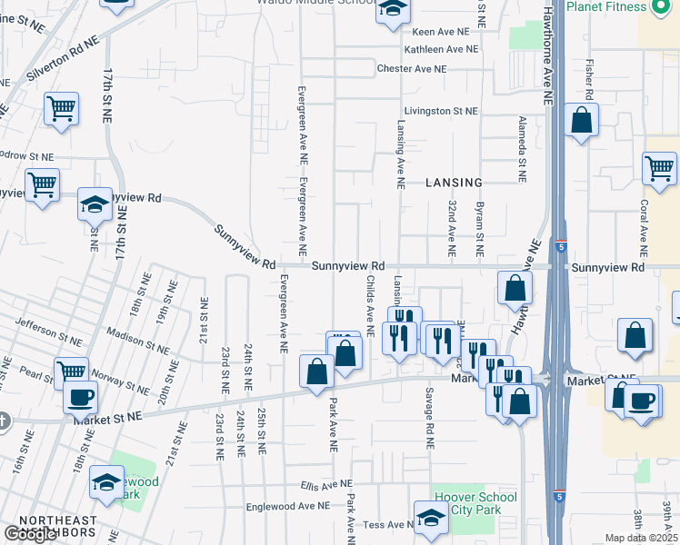 map of restaurants, bars, coffee shops, grocery stores, and more near 2892 Sunnyview Road Northeast in Salem
