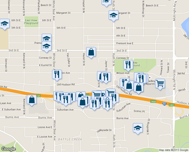 map of restaurants, bars, coffee shops, grocery stores, and more near 395 Luella Street North in Saint Paul