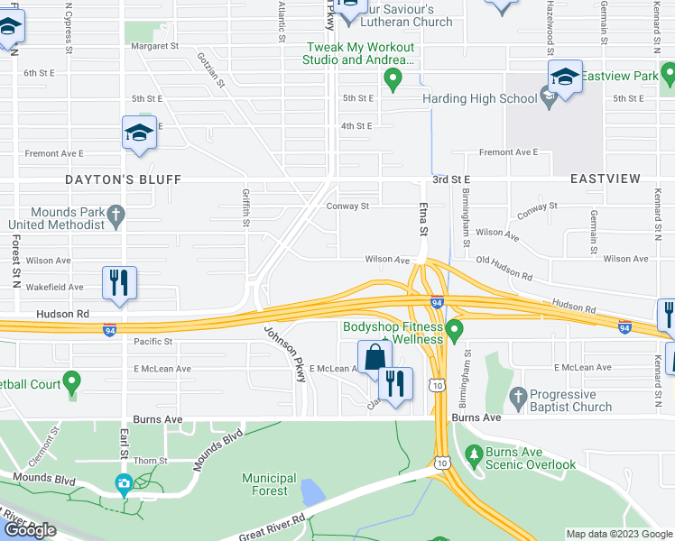 map of restaurants, bars, coffee shops, grocery stores, and more near 1320 Wilson Avenue in Saint Paul