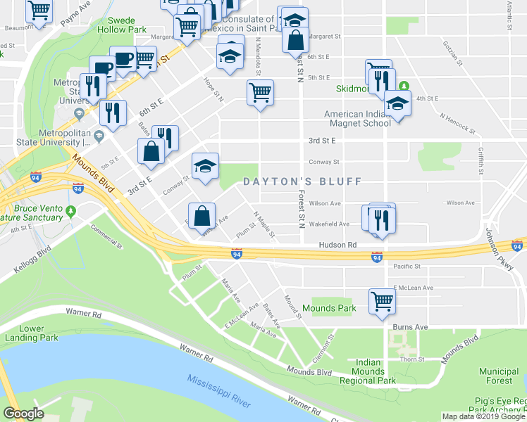map of restaurants, bars, coffee shops, grocery stores, and more near 198 Maple Street in Saint Paul