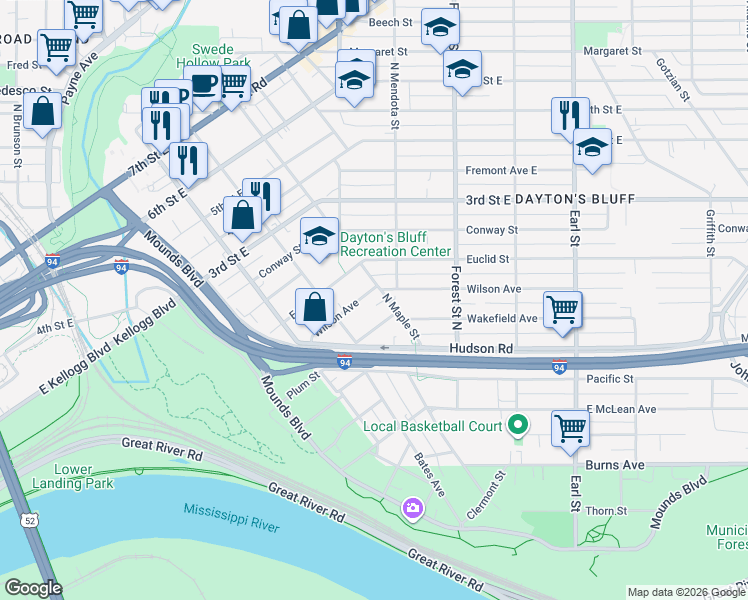 map of restaurants, bars, coffee shops, grocery stores, and more near 736 Wilson Avenue in Saint Paul