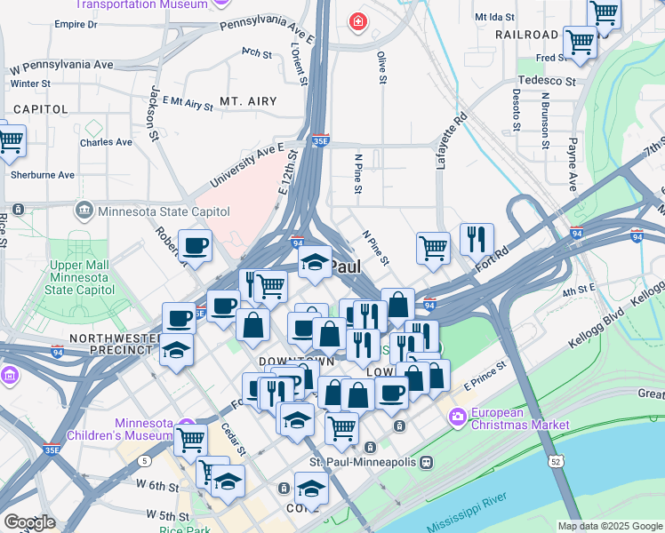 map of restaurants, bars, coffee shops, grocery stores, and more near in Saint Paul