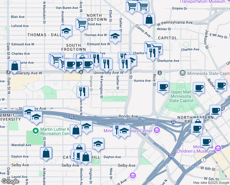 map of restaurants, bars, coffee shops, grocery stores, and more near 250 West Fuller Avenue in Saint Paul