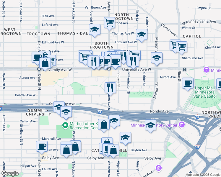 map of restaurants, bars, coffee shops, grocery stores, and more near 360 West Fuller Avenue in Saint Paul