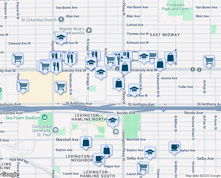 map of restaurants, bars, coffee shops, grocery stores, and more near 412 North Dunlap Street in Saint Paul
