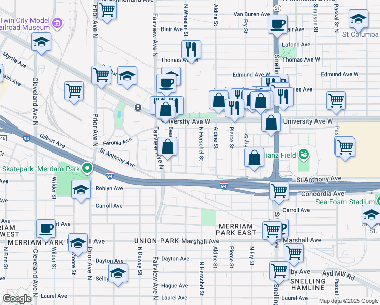 map of restaurants, bars, coffee shops, grocery stores, and more near 408 North Wheeler Street in Saint Paul