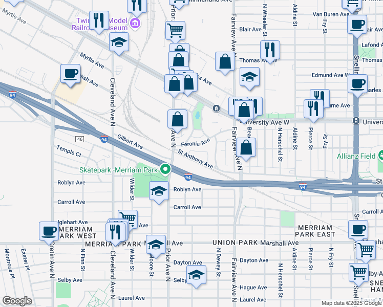 map of restaurants, bars, coffee shops, grocery stores, and more near 1939 Saint Anthony Avenue in Saint Paul