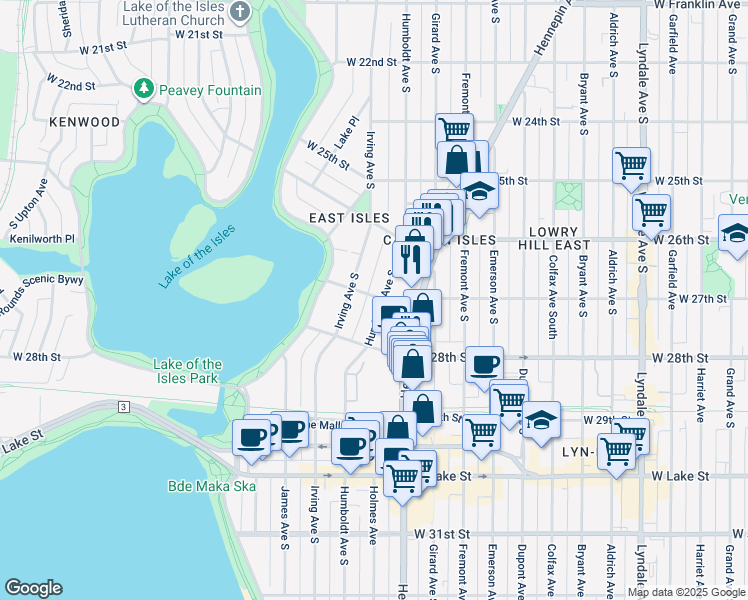 map of restaurants, bars, coffee shops, grocery stores, and more near 2709 Irving Avenue South in Minneapolis