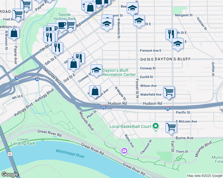 map of restaurants, bars, coffee shops, grocery stores, and more near 736 Wilson Avenue in Saint Paul