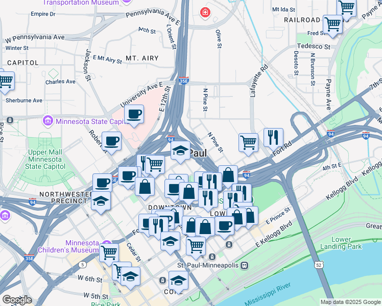 map of restaurants, bars, coffee shops, grocery stores, and more near in Saint Paul