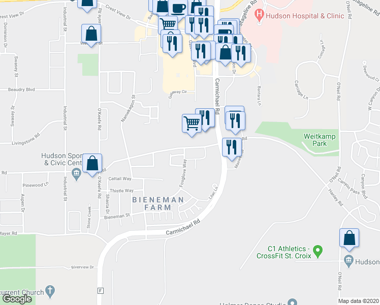 map of restaurants, bars, coffee shops, grocery stores, and more near 2401 Monetary Boulevard in Hudson