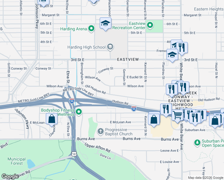 map of restaurants, bars, coffee shops, grocery stores, and more near 408 Hazelwood Street in Saint Paul