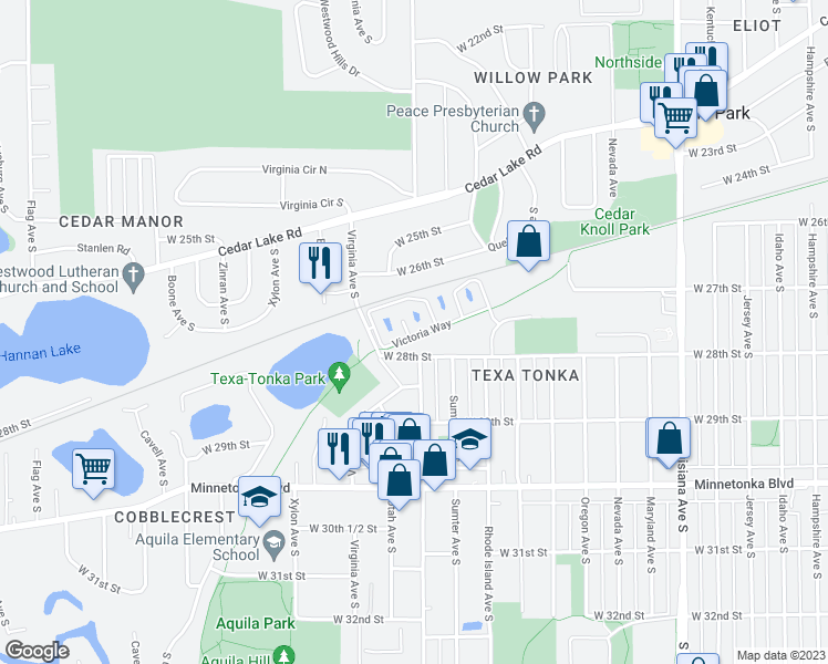 map of restaurants, bars, coffee shops, grocery stores, and more near 8010 Victoria Lane in Minneapolis