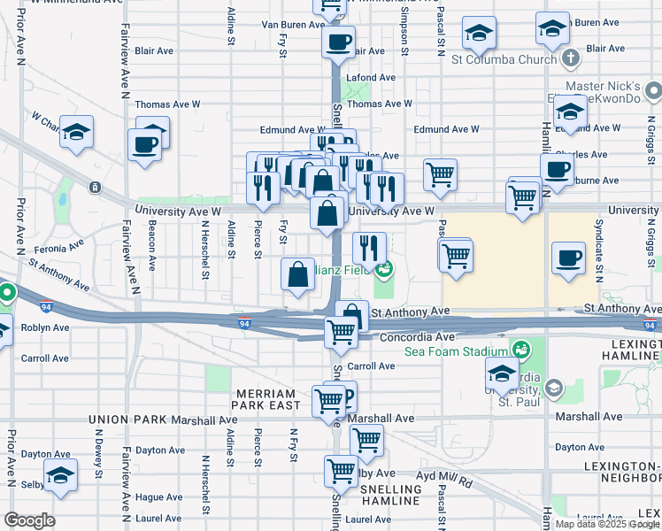map of restaurants, bars, coffee shops, grocery stores, and more near 420 North Roy Street in Saint Paul