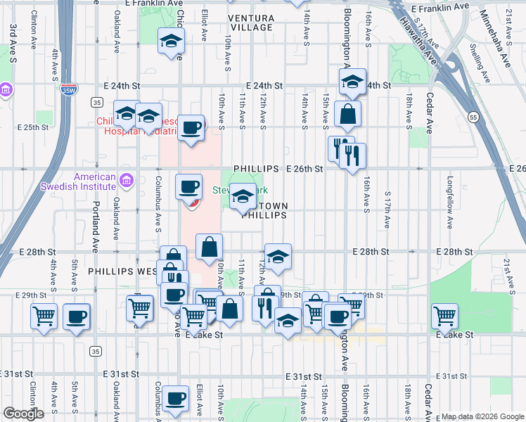 map of restaurants, bars, coffee shops, grocery stores, and more near East 27th Street in Minneapolis