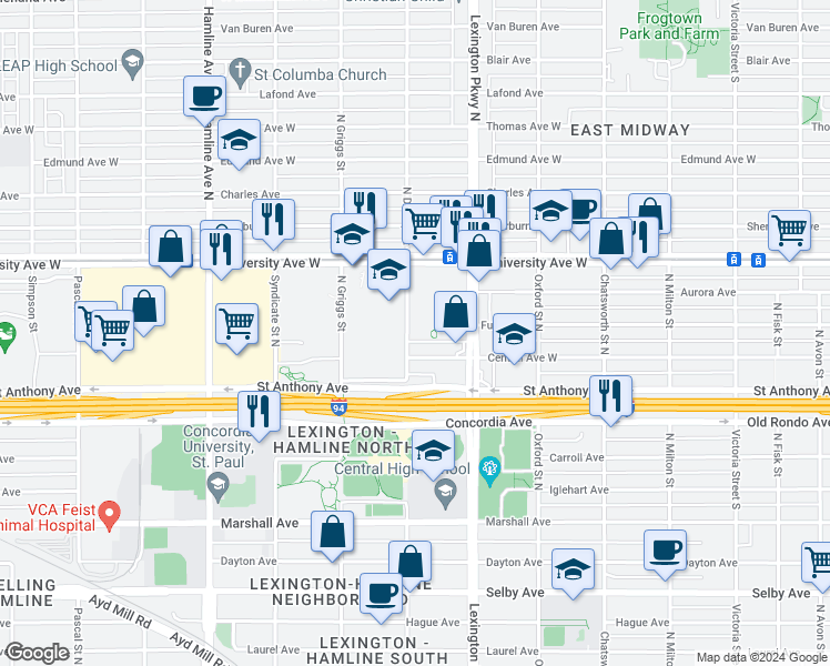 map of restaurants, bars, coffee shops, grocery stores, and more near 412 North Dunlap Street in Saint Paul