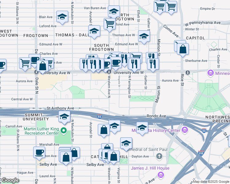 map of restaurants, bars, coffee shops, grocery stores, and more near 360 West Fuller Avenue in Saint Paul