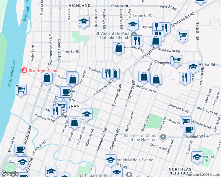 map of restaurants, bars, coffee shops, grocery stores, and more near 820 Jefferson Street Northeast in Salem