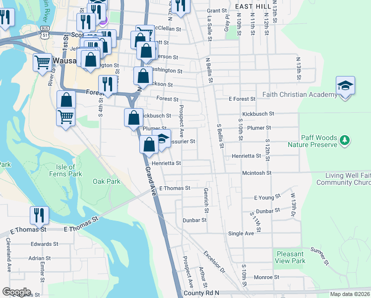 map of restaurants, bars, coffee shops, grocery stores, and more near 418 Prospect Avenue in Wausau