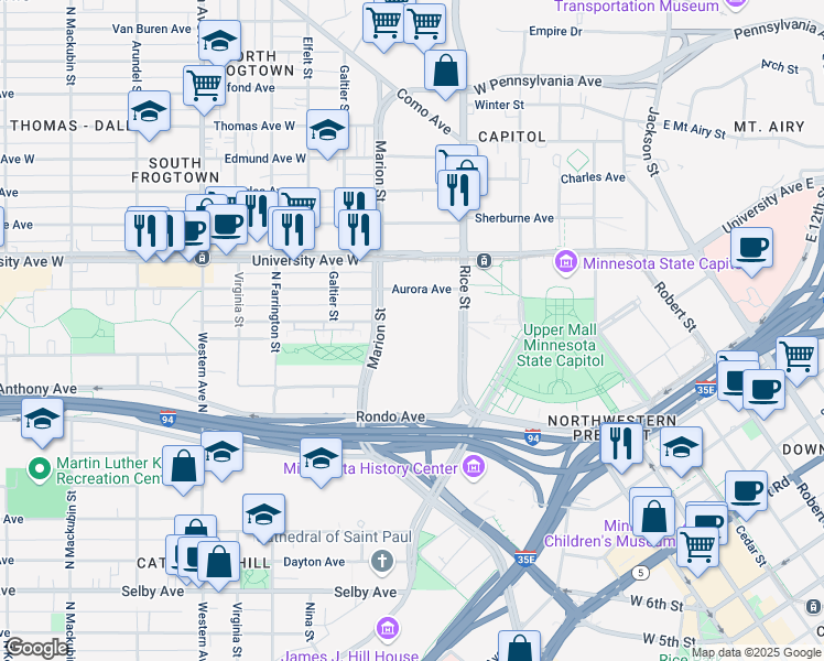 map of restaurants, bars, coffee shops, grocery stores, and more near 425 Rice St in St Paul