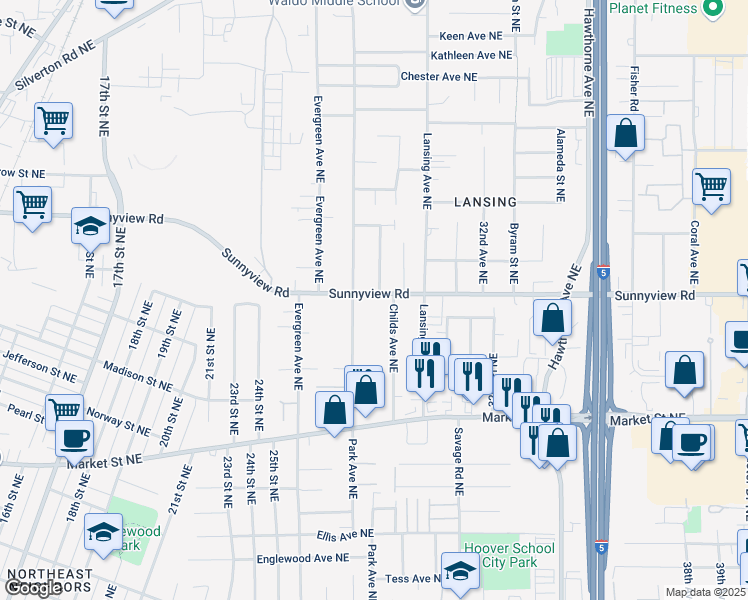 map of restaurants, bars, coffee shops, grocery stores, and more near 2892 Sunnyview Road Northeast in Salem