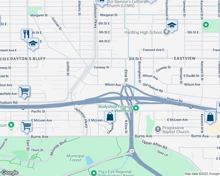 map of restaurants, bars, coffee shops, grocery stores, and more near 415 Clarence Street in Saint Paul