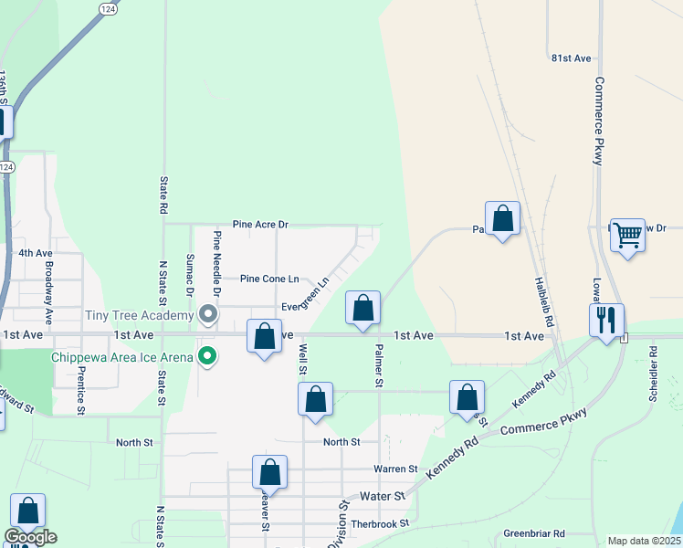 map of restaurants, bars, coffee shops, grocery stores, and more near 1137 Evergreen Lane in Chippewa Falls