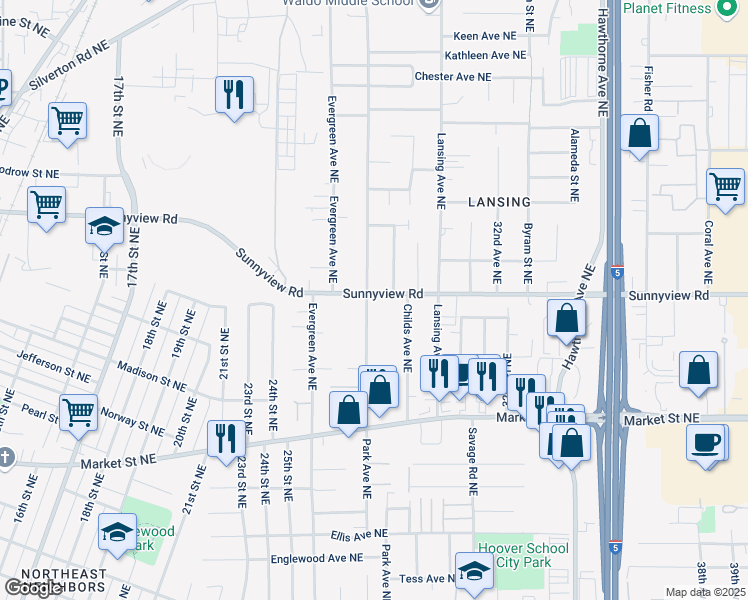 map of restaurants, bars, coffee shops, grocery stores, and more near 2892 Sunnyview Road Northeast in Salem