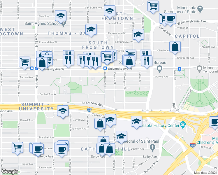 map of restaurants, bars, coffee shops, grocery stores, and more near 366 West Fuller Avenue in Saint Paul