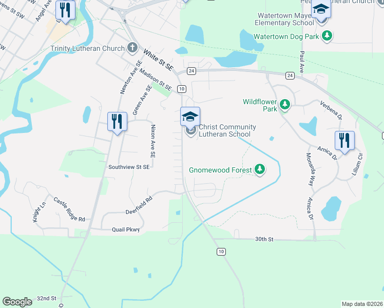 map of restaurants, bars, coffee shops, grocery stores, and more near 512 County Road 10 in Watertown