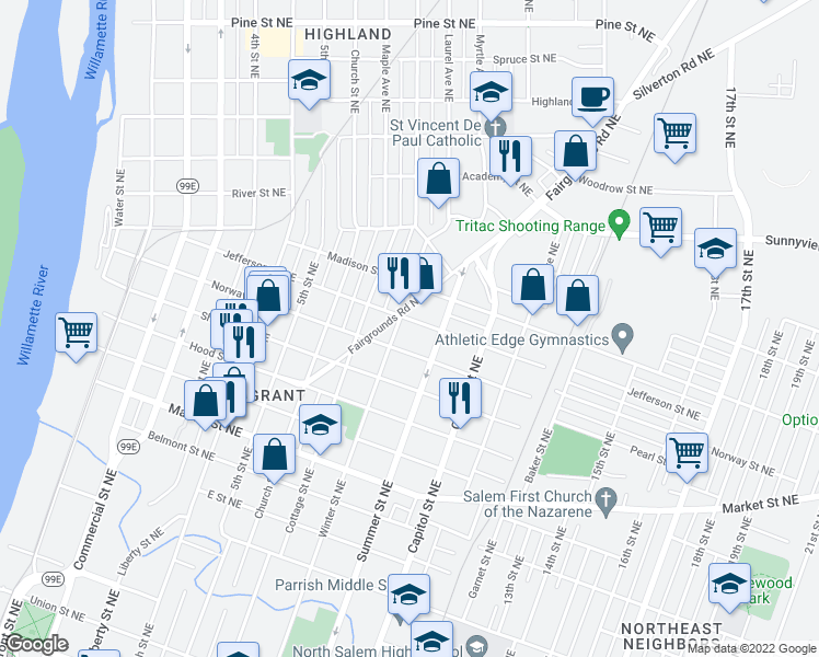 map of restaurants, bars, coffee shops, grocery stores, and more near 820 Jefferson Street Northeast in Salem