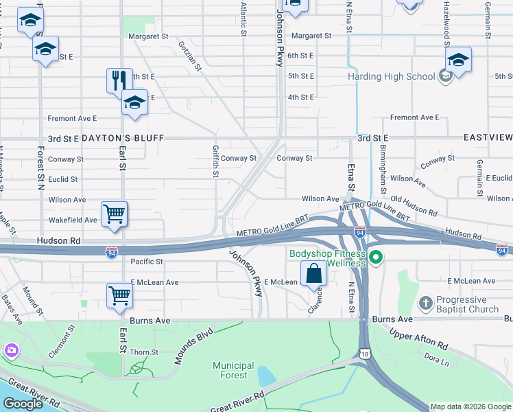 map of restaurants, bars, coffee shops, grocery stores, and more near 1256 Wilson Avenue in Saint Paul