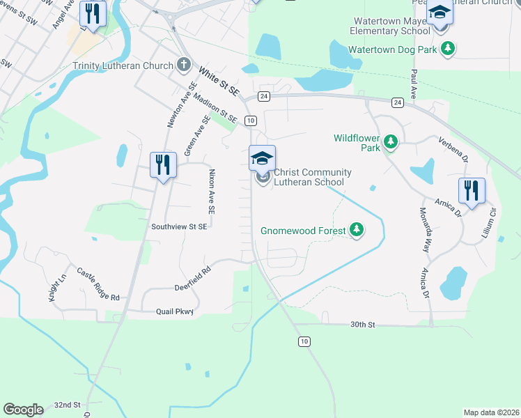 map of restaurants, bars, coffee shops, grocery stores, and more near 623-659 County Road 10 in Watertown