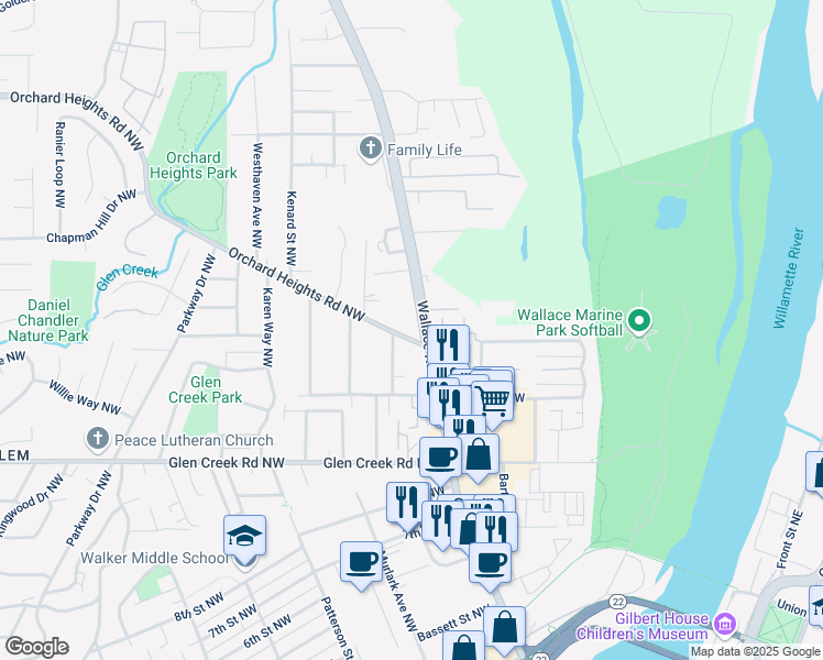 map of restaurants, bars, coffee shops, grocery stores, and more near 1306 Wallace Road Northwest in Salem