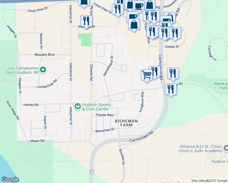 map of restaurants, bars, coffee shops, grocery stores, and more near 2204 Hanley Road in Hudson