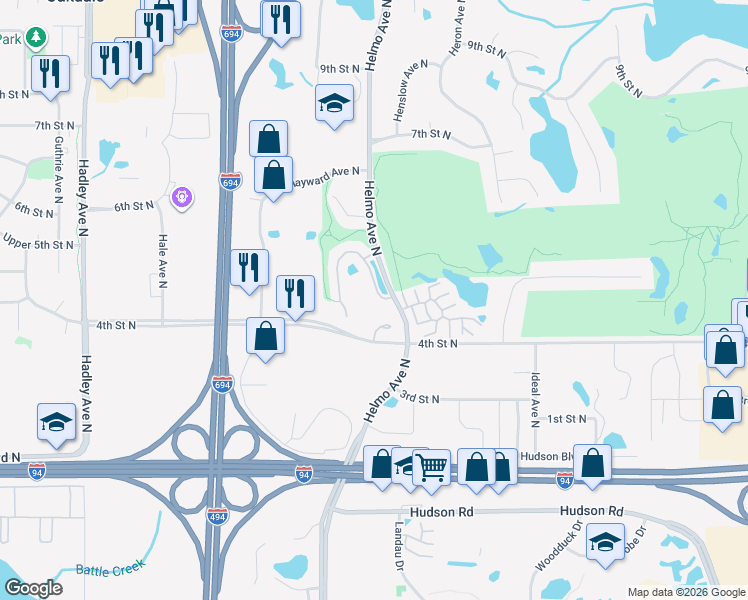 map of restaurants, bars, coffee shops, grocery stores, and more near 7593 5th Street North in Oakdale