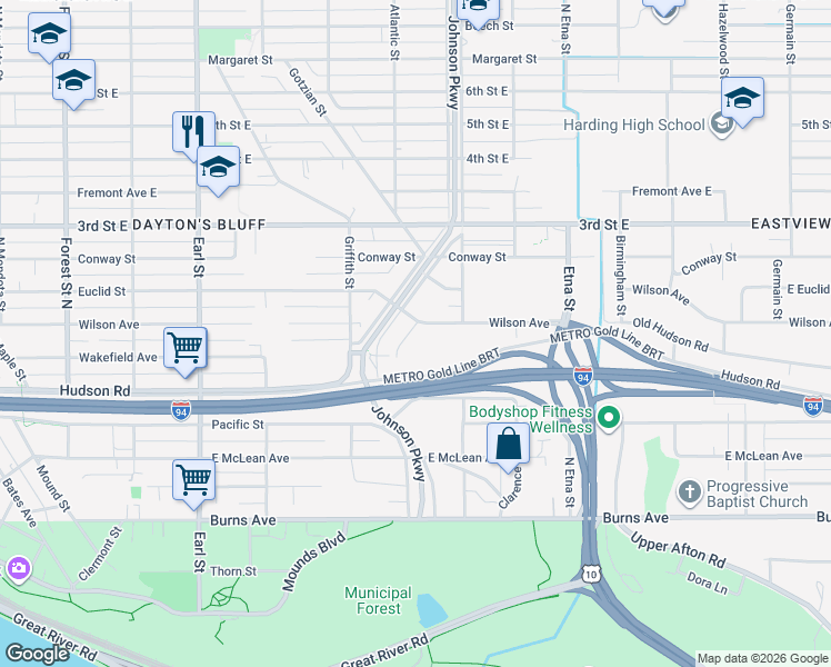 map of restaurants, bars, coffee shops, grocery stores, and more near 404 Johnson Parkway in Saint Paul
