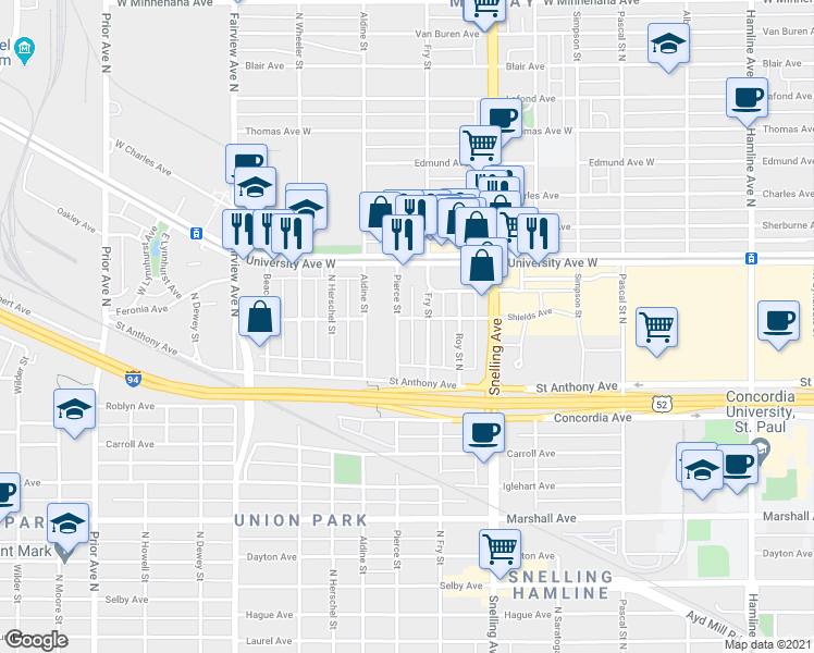 map of restaurants, bars, coffee shops, grocery stores, and more near 412 Pierce Street in Saint Paul