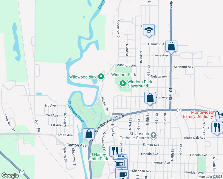 map of restaurants, bars, coffee shops, grocery stores, and more near 105 Miawakon Avenue in Montevideo