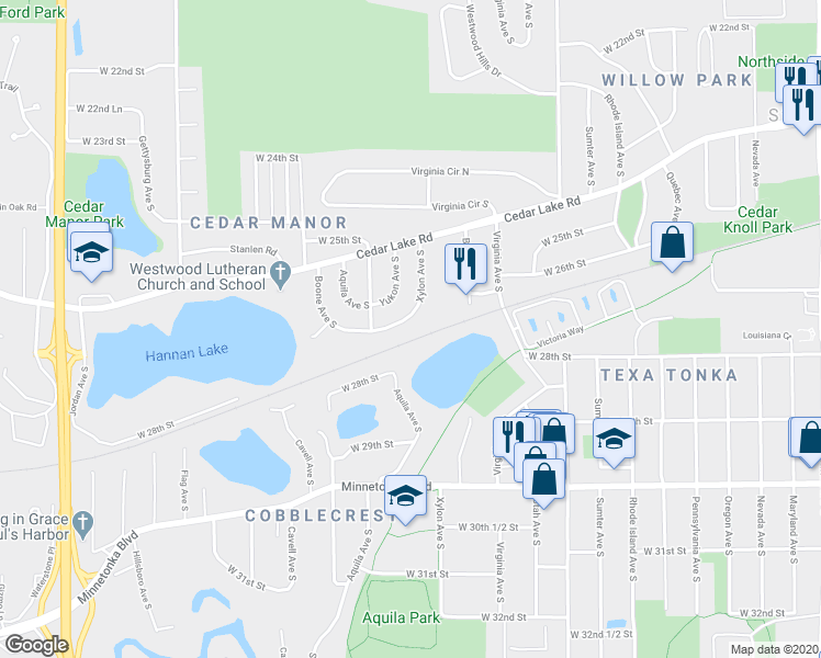 map of restaurants, bars, coffee shops, grocery stores, and more near 2615 Xylon Avenue South in Minneapolis