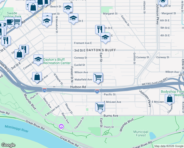 map of restaurants, bars, coffee shops, grocery stores, and more near 1027 Wakefield Avenue in Saint Paul