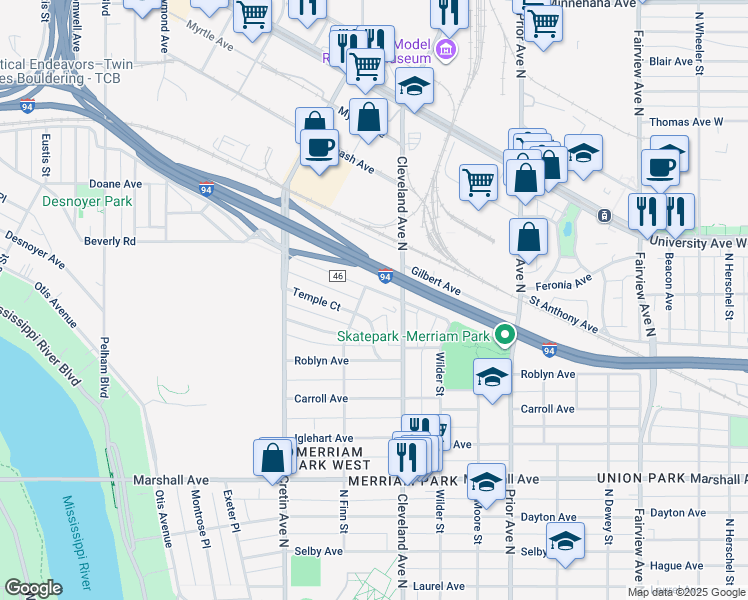 map of restaurants, bars, coffee shops, grocery stores, and more near 2076 Saint Anthony Avenue in Saint Paul