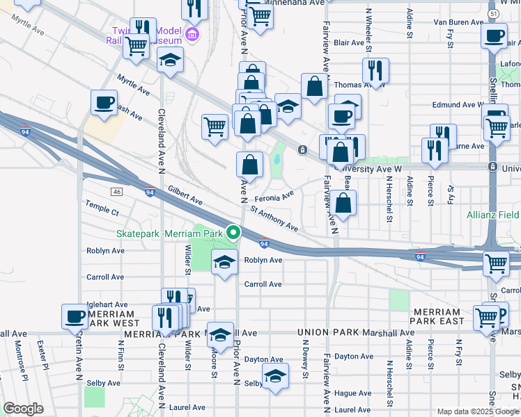 map of restaurants, bars, coffee shops, grocery stores, and more near 1939 Saint Anthony Avenue in Saint Paul