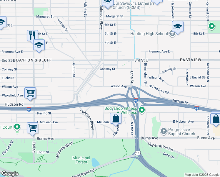 map of restaurants, bars, coffee shops, grocery stores, and more near 1320 Wilson Avenue in Saint Paul
