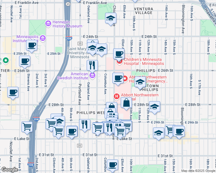 map of restaurants, bars, coffee shops, grocery stores, and more near 2709 Columbus Avenue in Minneapolis