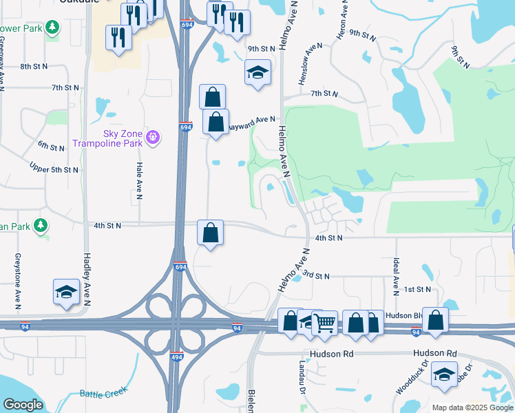 map of restaurants, bars, coffee shops, grocery stores, and more near 7500 5th Street North in Oakdale