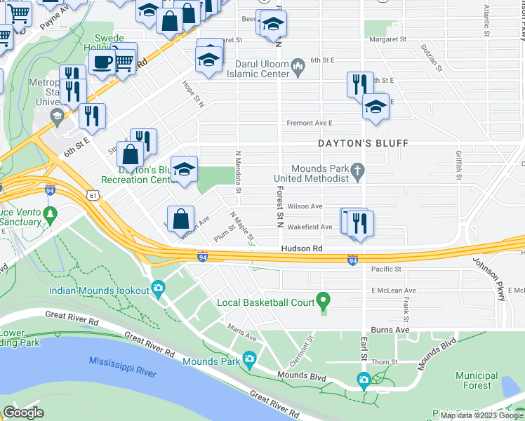 map of restaurants, bars, coffee shops, grocery stores, and more near 912 Wilson Avenue in Saint Paul